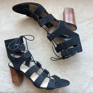 Loeffler Randall Women 9 B Black Suede Lace Up Gladiator Block Heel Sandals